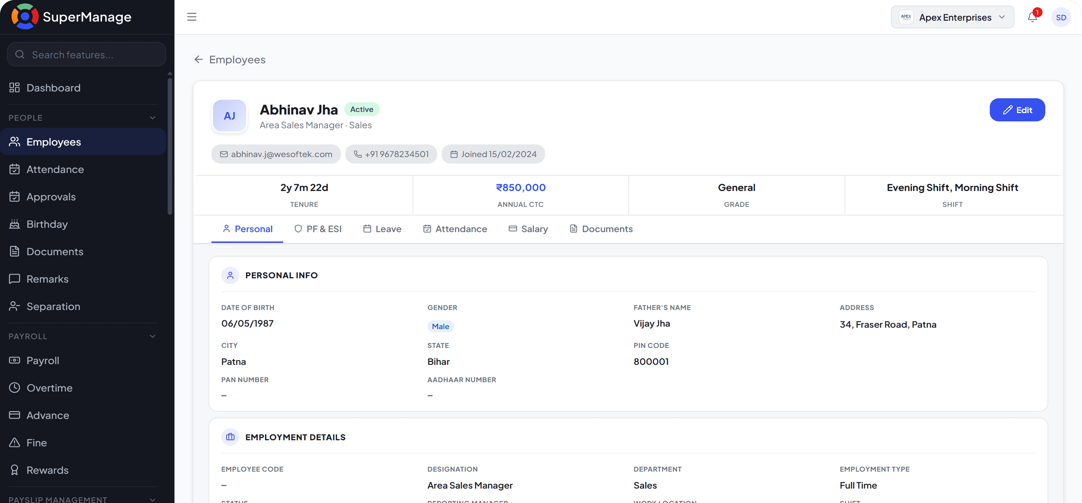 SuperManage HRMS dashboard showing attendance overview, employee stats, and upcoming payroll