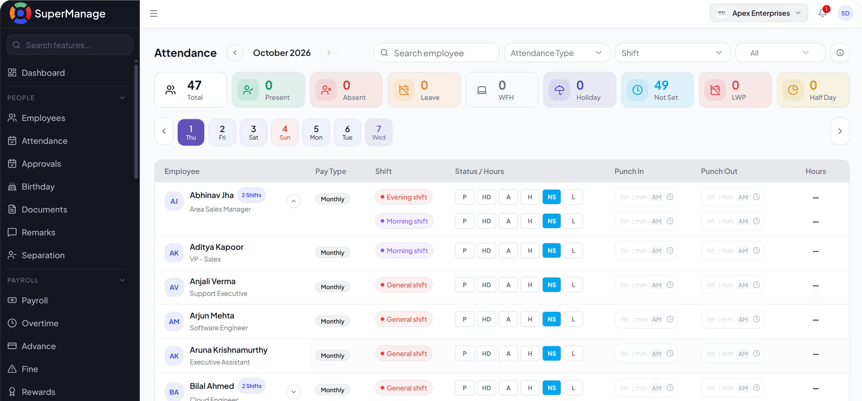 SuperManage HRMS dashboard showing attendance overview, employee stats, and upcoming payroll