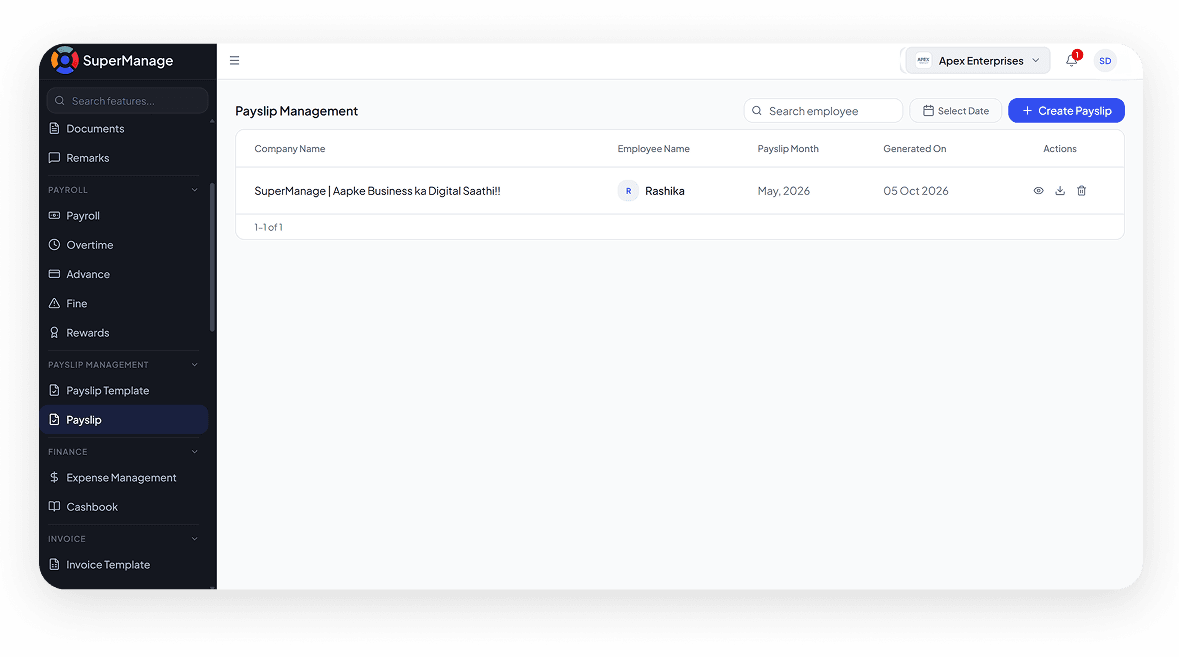 SuperManage HRMS attendance dashboard showing employee status, punch in/out, and hours