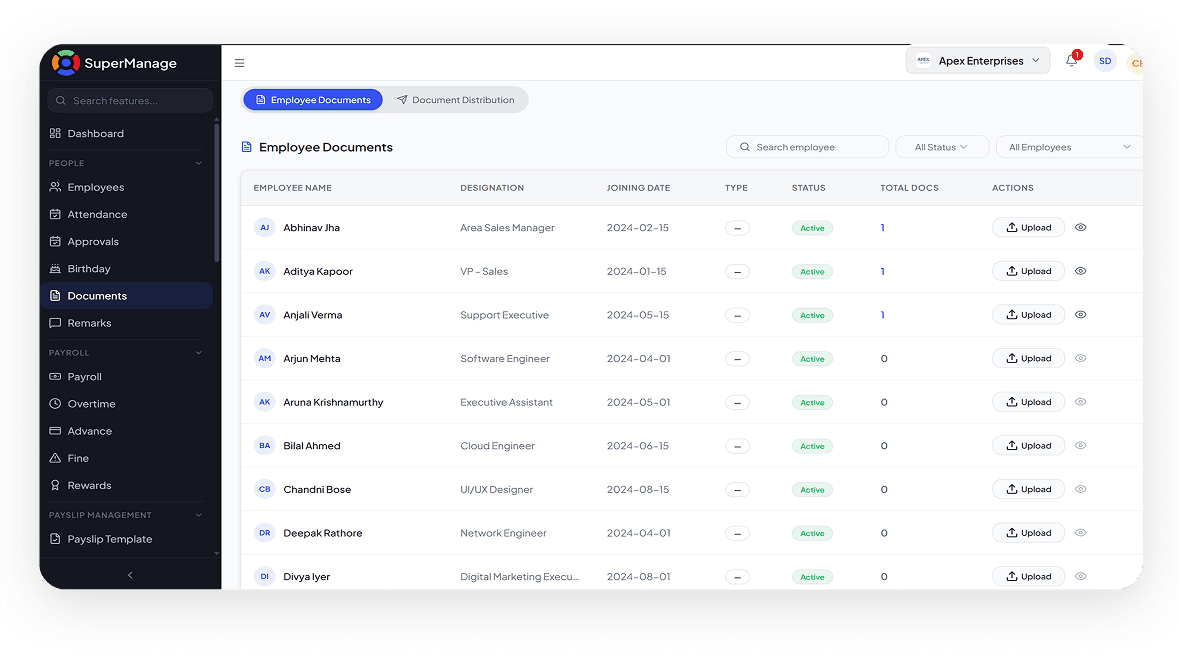 SuperManage HRMS attendance dashboard showing employee status, punch in/out, and hours