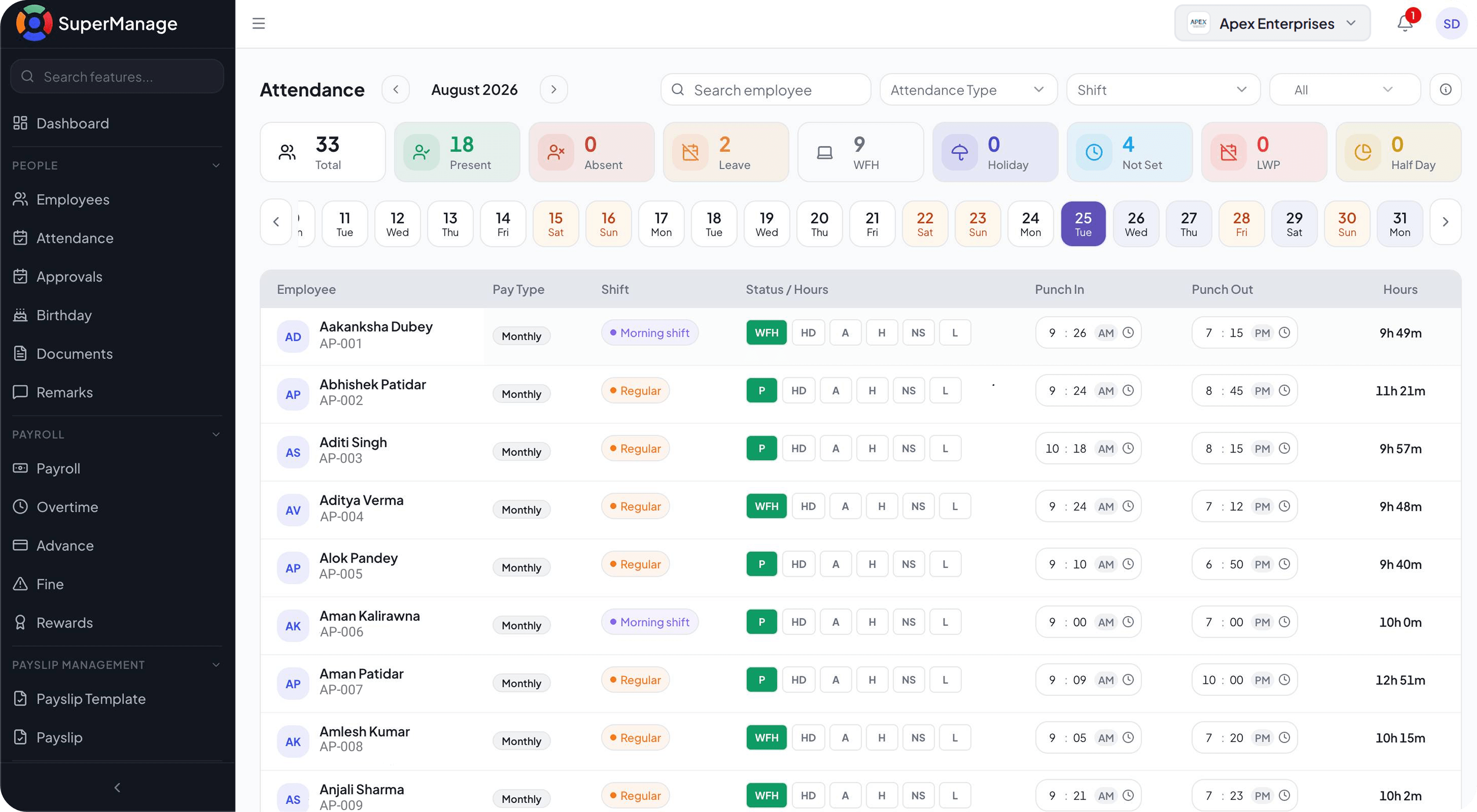SuperManage HRMS attendance dashboard showing employee status, punch in/out, and hours