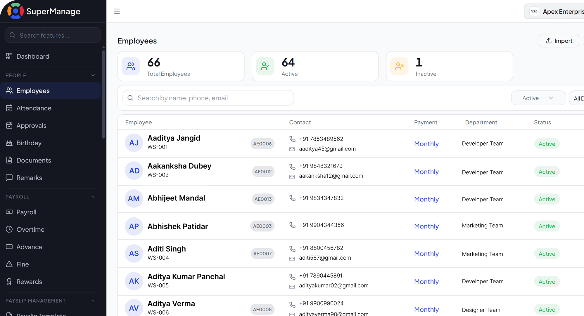 SuperManage HRMS attendance dashboard showing employee status, punch in/out, and hours