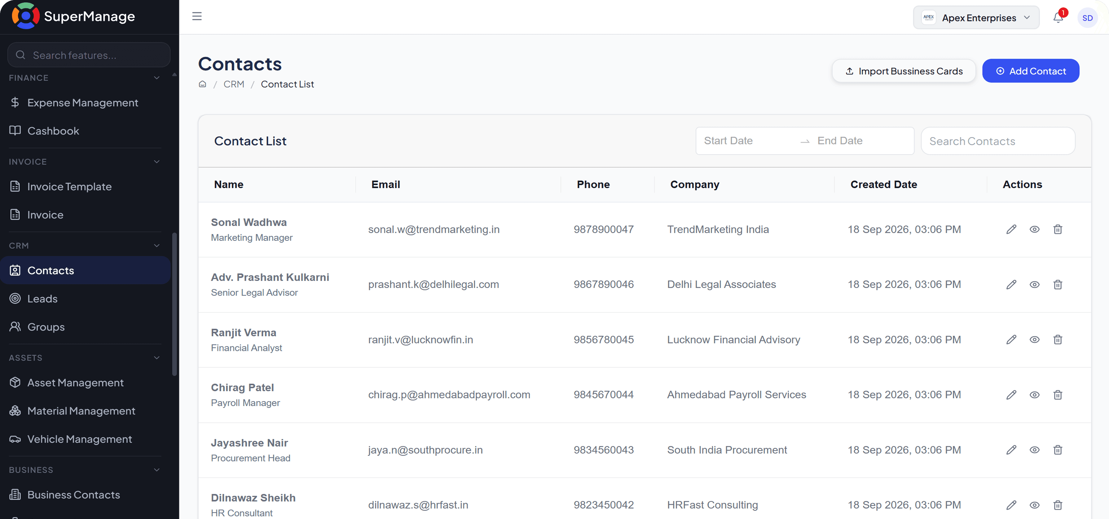 SuperManage HRMS dashboard showing attendance overview, employee stats, and upcoming payroll