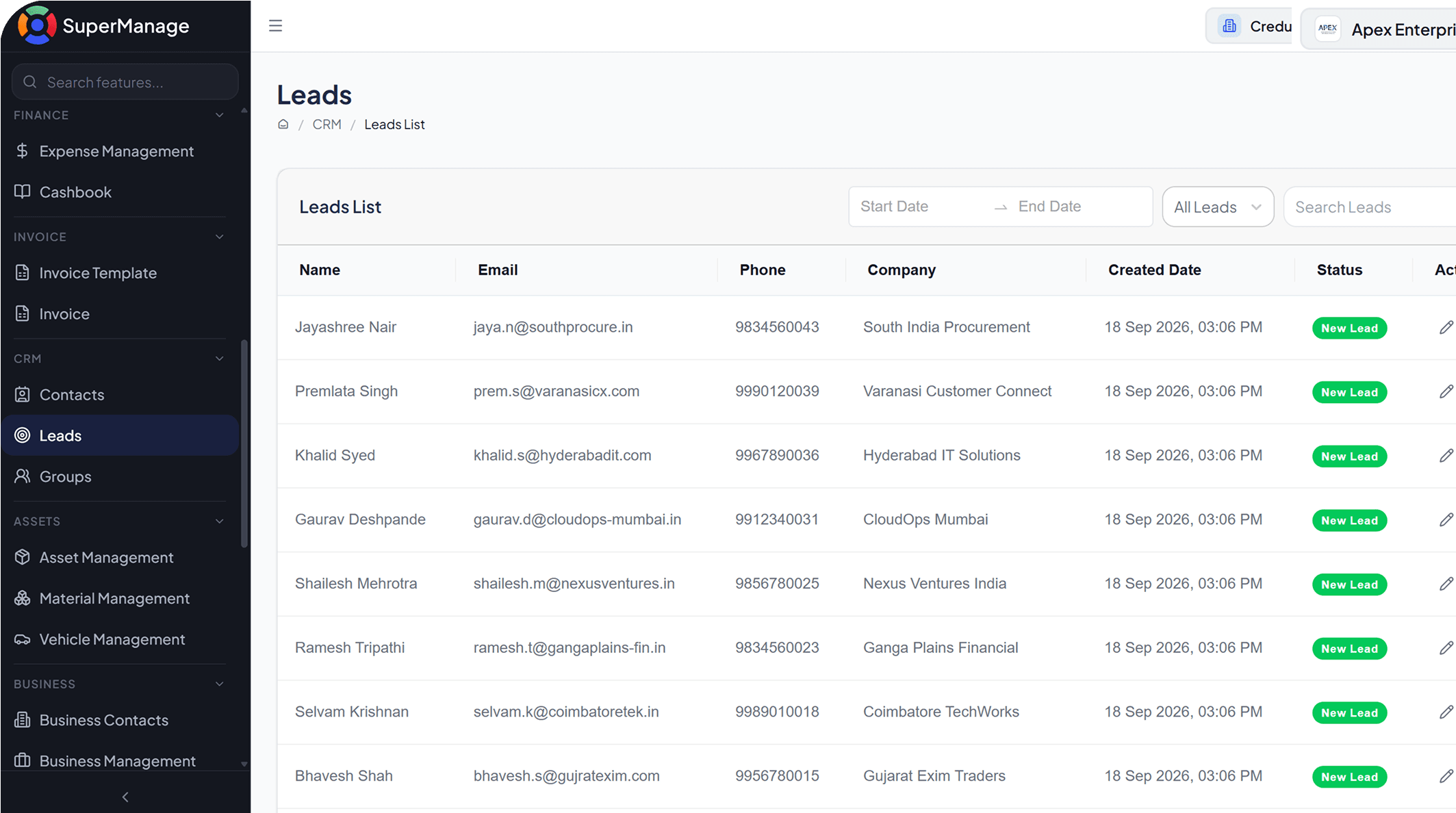SuperManage HRMS attendance dashboard showing employee status, punch in/out, and hours