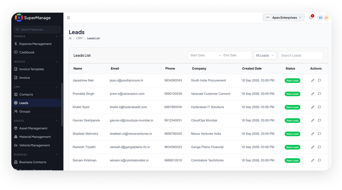 SuperManage HRMS attendance dashboard showing employee status, punch in/out, and hours