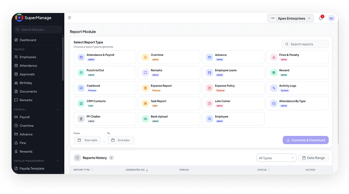 SuperManage HRMS attendance dashboard showing employee status, punch in/out, and hours