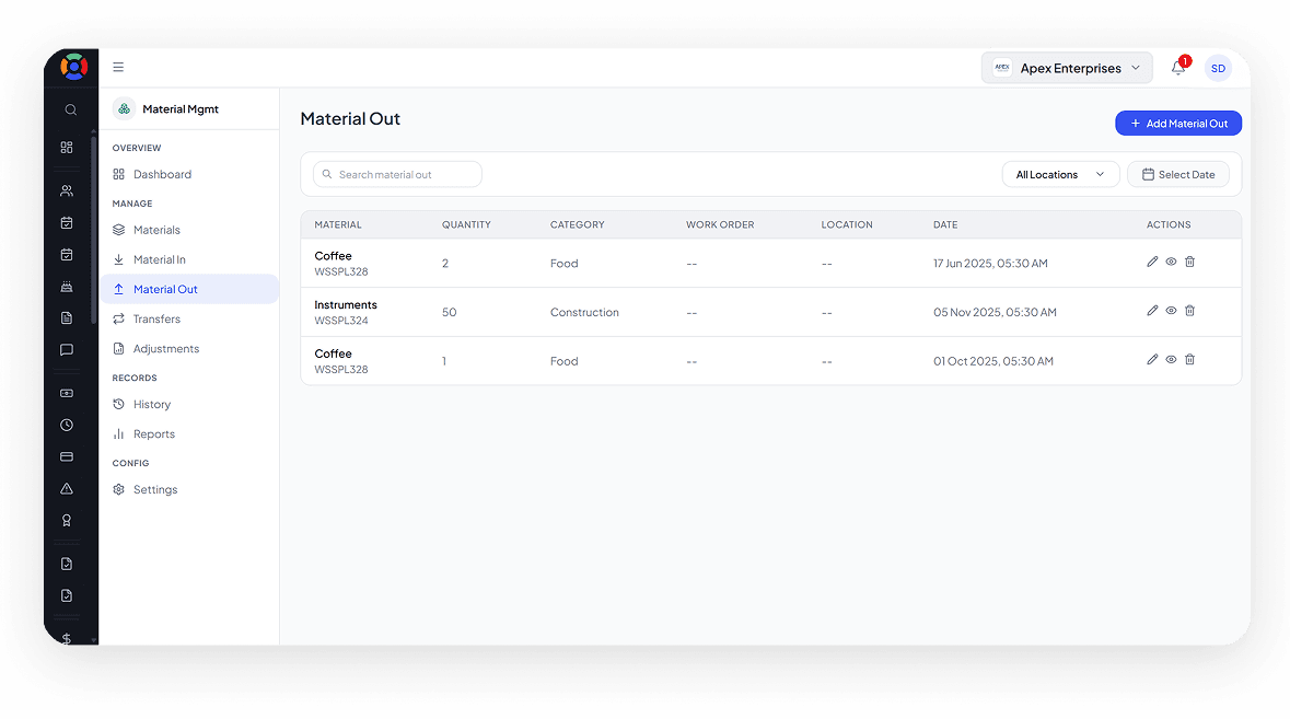 SuperManage HRMS attendance dashboard showing employee status, punch in/out, and hours