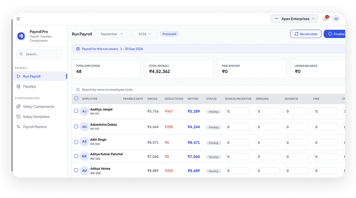 SuperManage HRMS attendance dashboard showing employee status, punch in/out, and hours