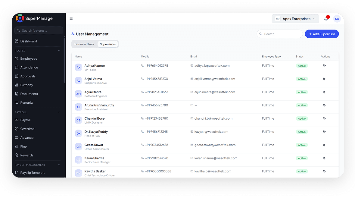 SuperManage HRMS attendance dashboard showing employee status, punch in/out, and hours