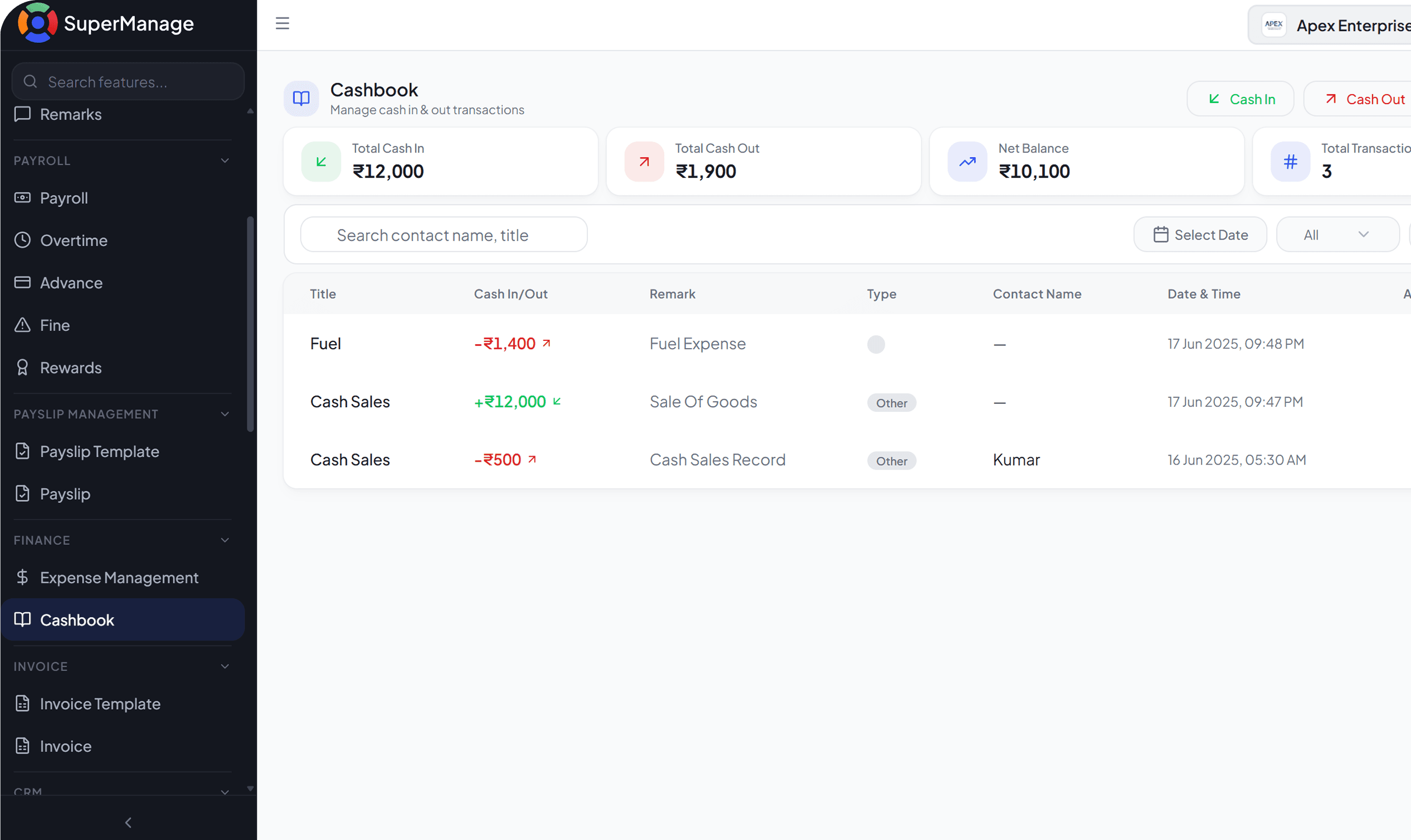 SuperManage HRMS attendance dashboard showing employee status, punch in/out, and hours