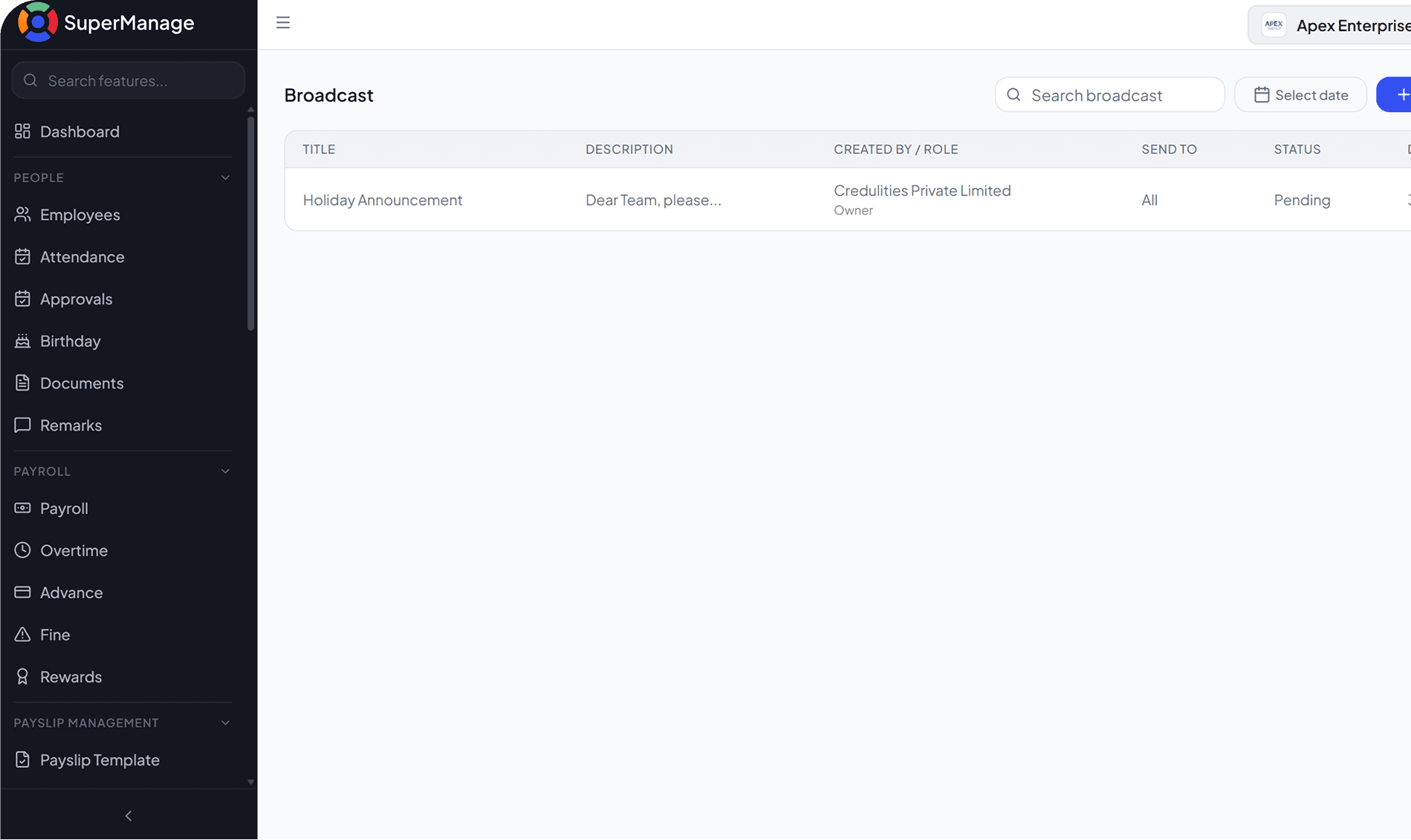 SuperManage HRMS attendance dashboard showing employee status, punch in/out, and hours