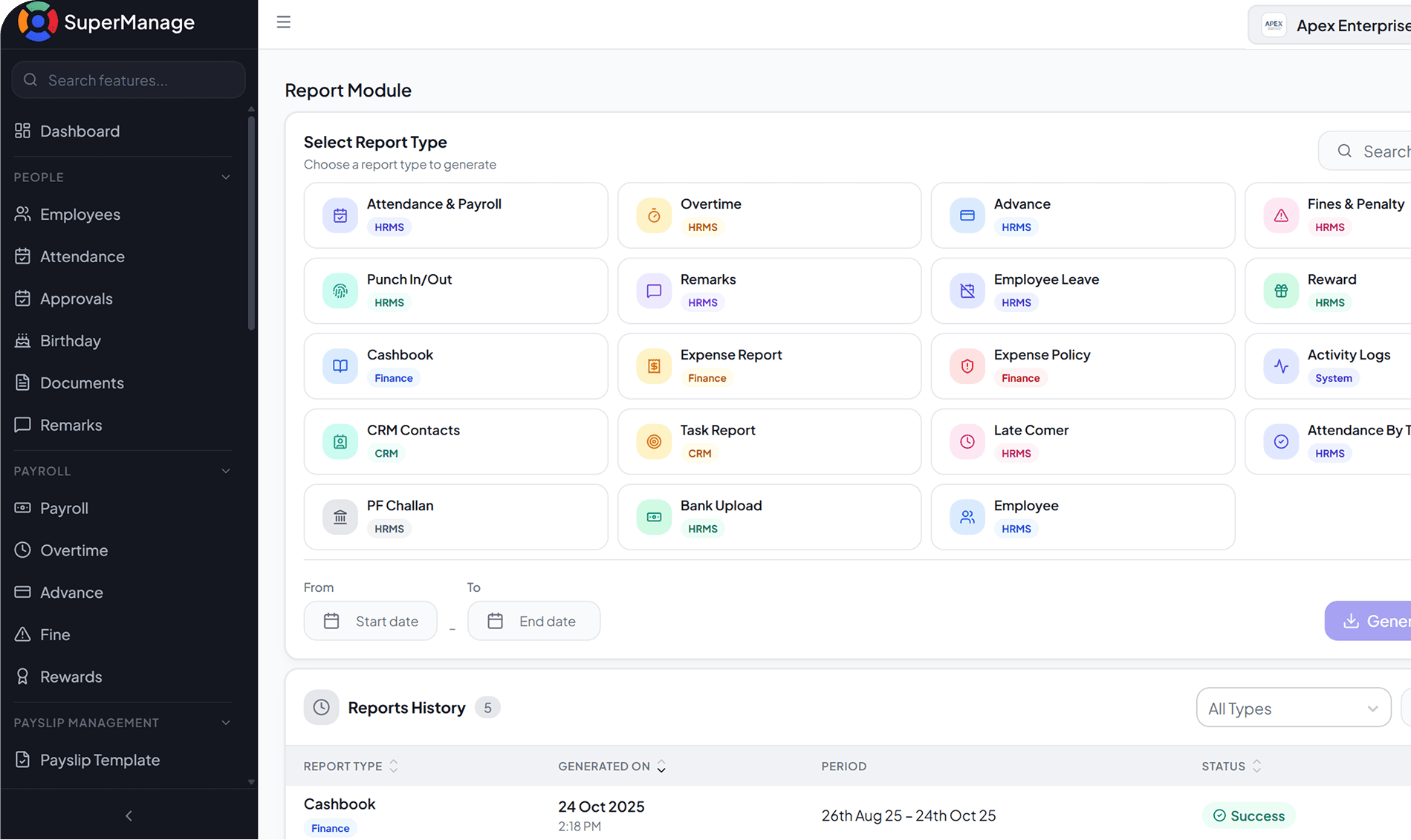 SuperManage HRMS attendance dashboard showing employee status, punch in/out, and hours