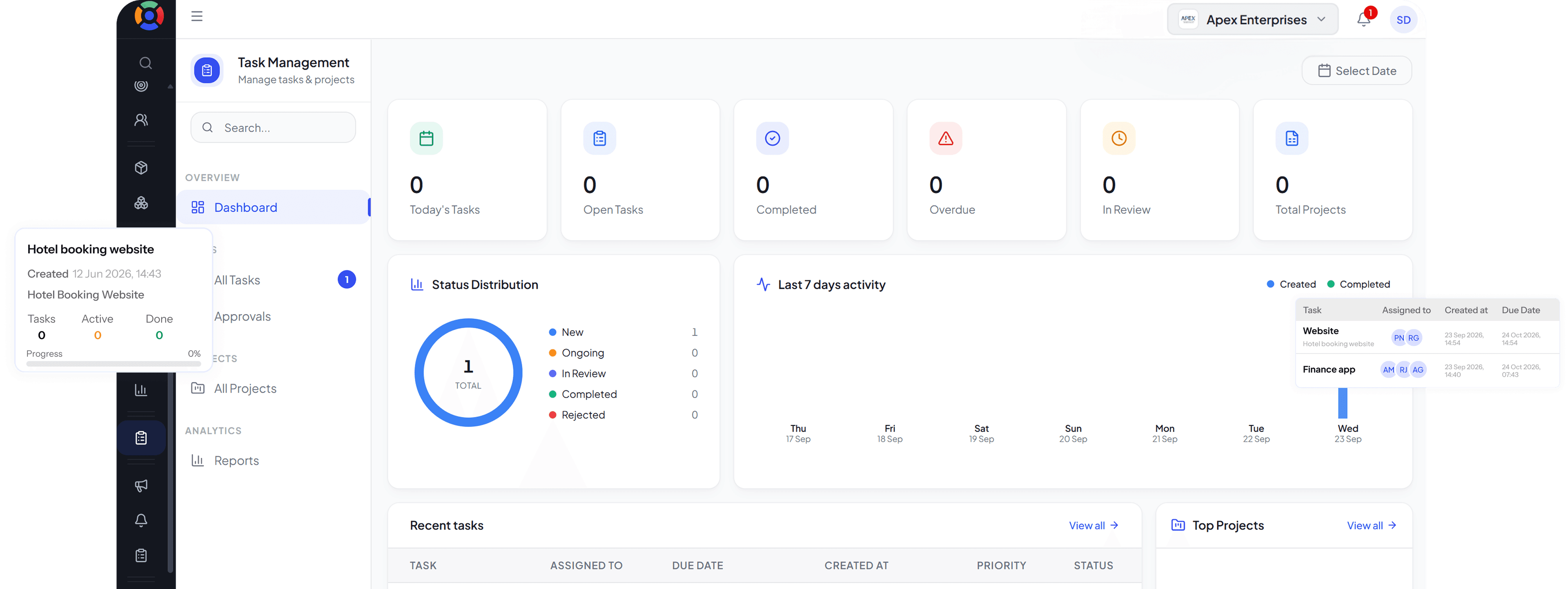 SuperManage HRMS dashboard showing attendance overview, employee stats, and upcoming payroll
