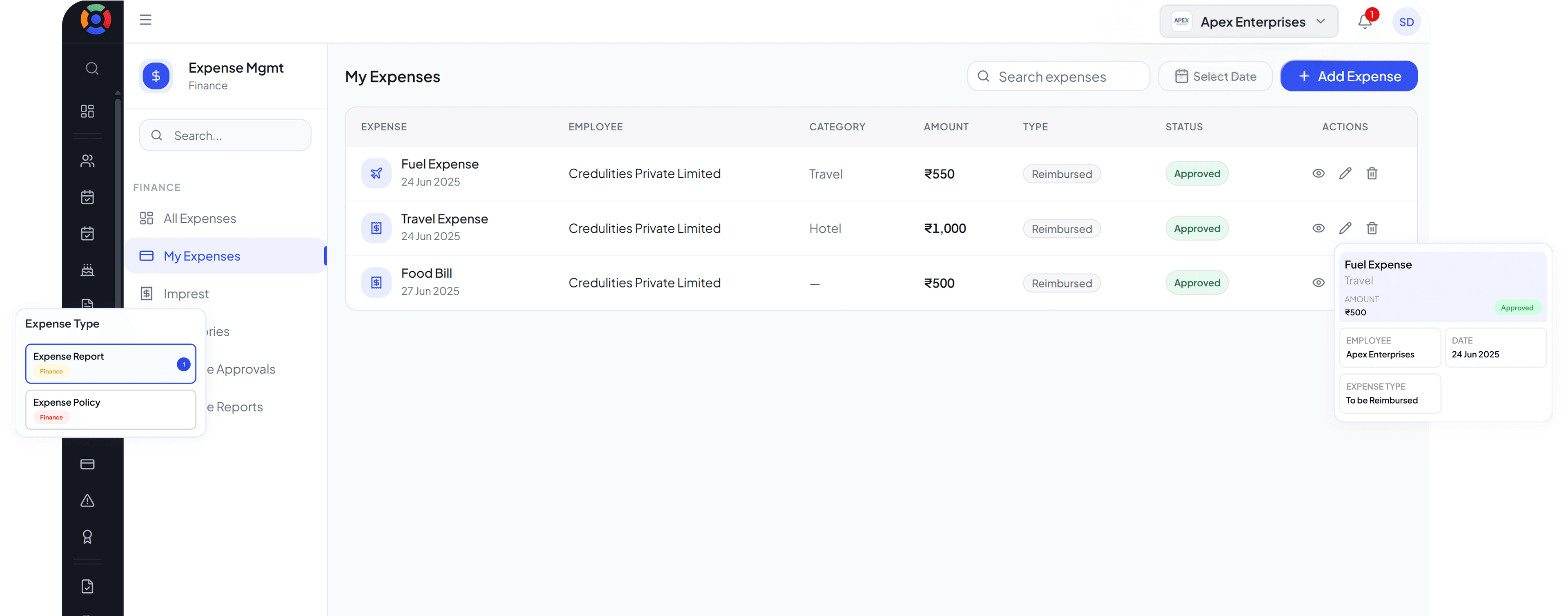SuperManage HRMS dashboard showing attendance overview, employee stats, and upcoming payroll
