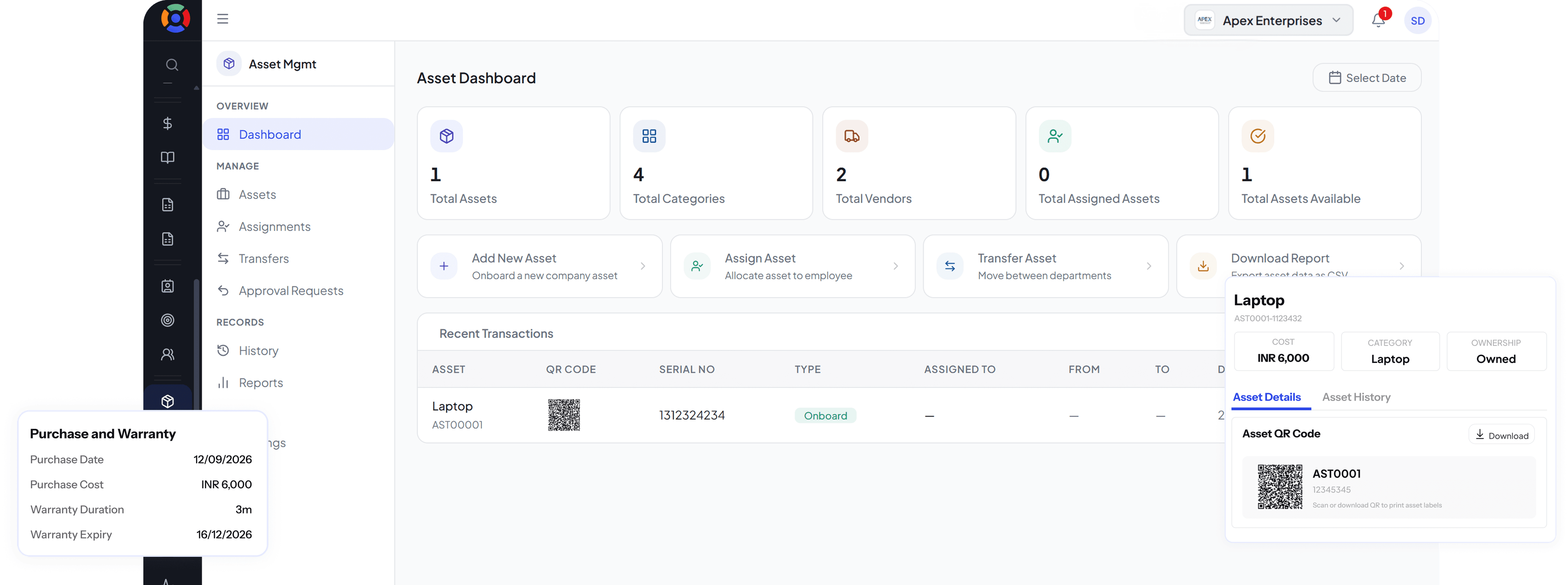SuperManage HRMS dashboard showing attendance overview, employee stats, and upcoming payroll