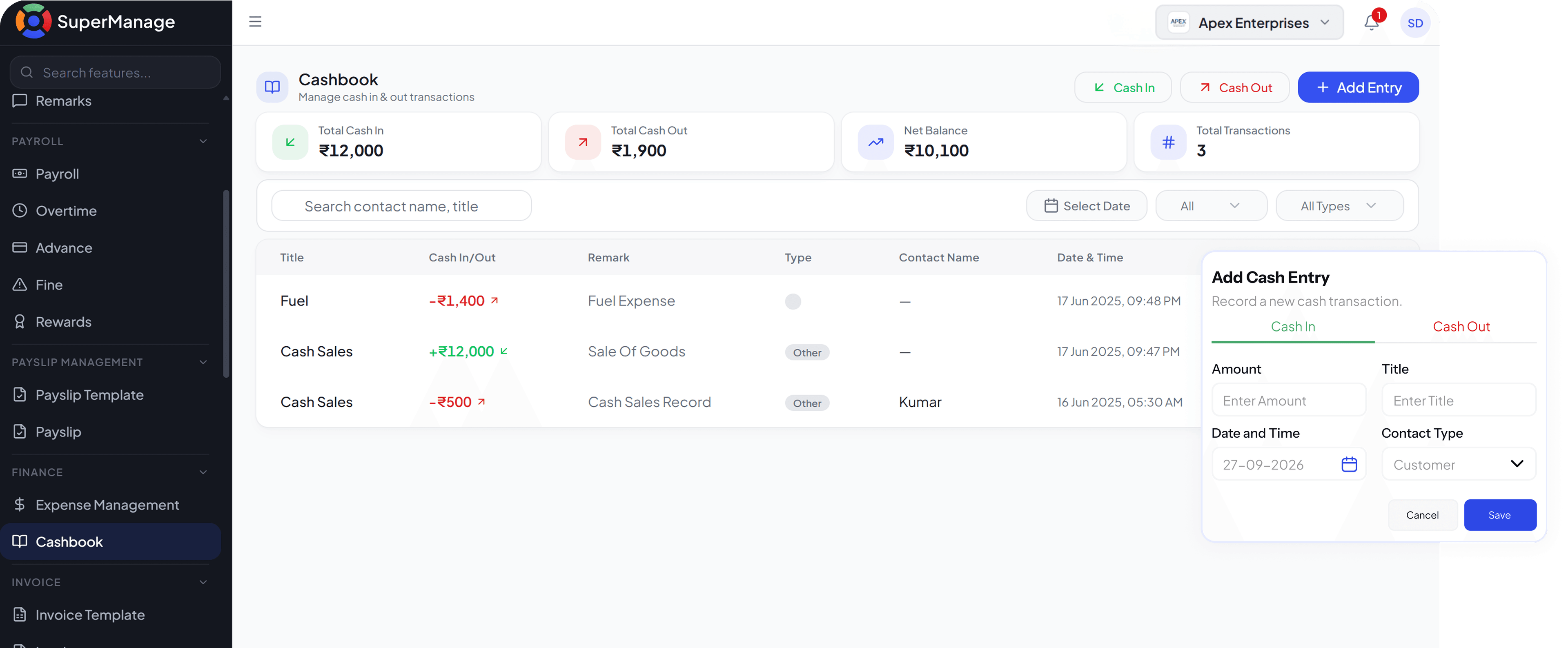 SuperManage HRMS dashboard showing attendance overview, employee stats, and upcoming payroll