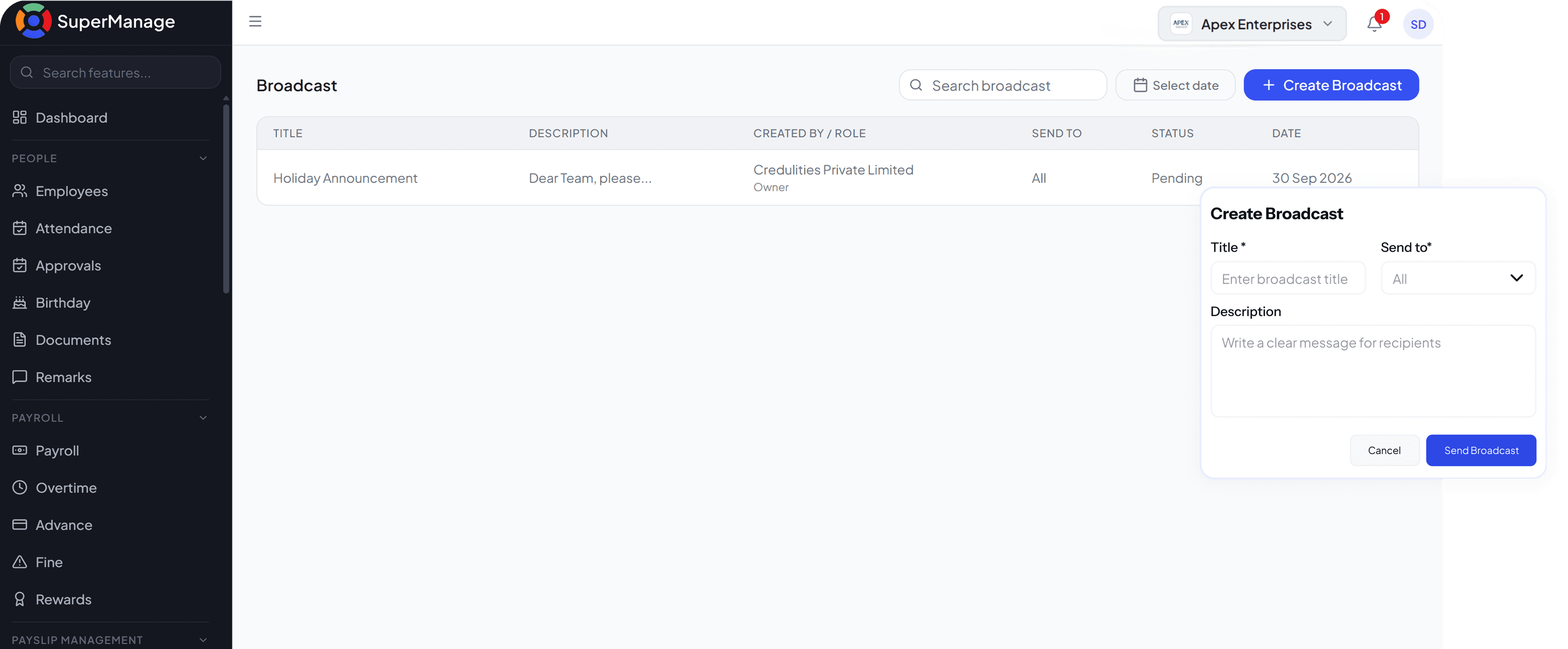 SuperManage HRMS dashboard showing attendance overview, employee stats, and upcoming payroll