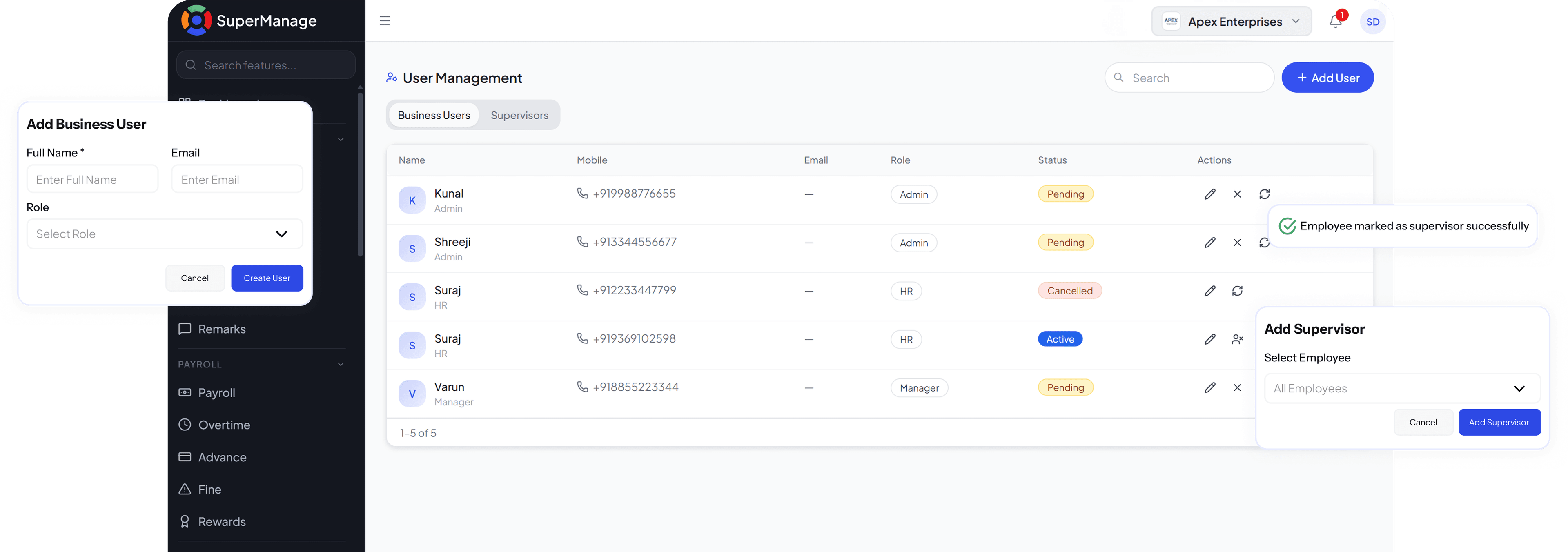 SuperManage HRMS dashboard showing attendance overview, employee stats, and upcoming payroll